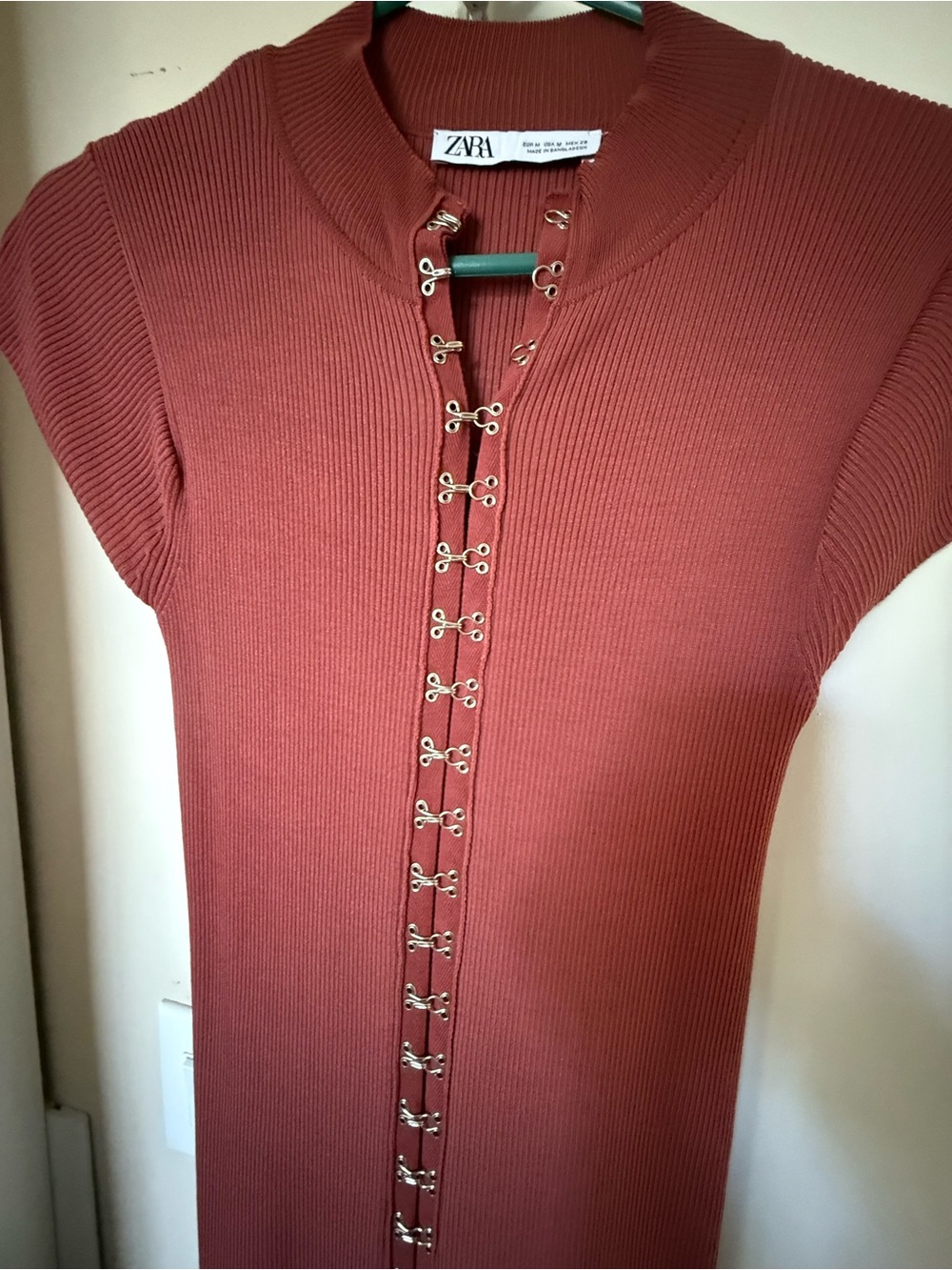 Zara Ribbed Midi Dress in Rust Brown with Hook-Front Detail
